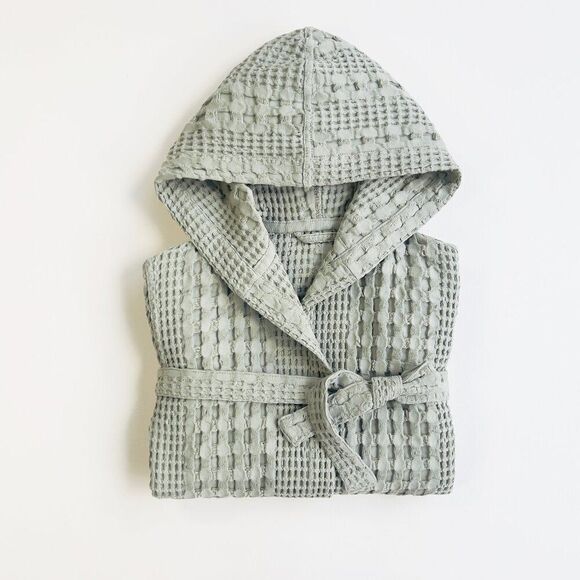 100% Organic Waffle Cotton Bathrobe Sage Green L/XL - Picture 5 of 6